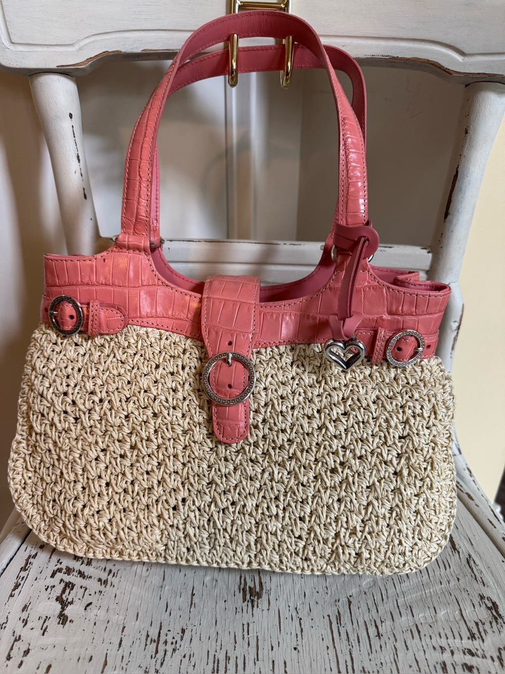 Small Brighton Straw and Coral Trim Tote Bag
